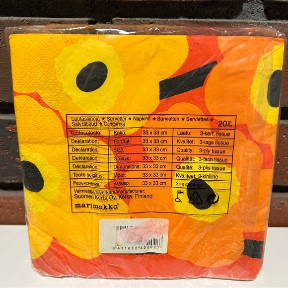 Marimekko Unikko Orange, Yellow Poppy Paper Napkins New - Picture 7 of 7